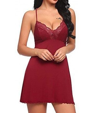 Slips Women's Sleepwear Slips Strap Nightgown V Neck Chemise Lace Lingerie Underwear - Wine Red - C118YEH725S