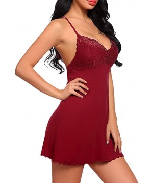 Slips Women's Sleepwear Slips Strap Nightgown V Neck Chemise Lace Lingerie Underwear - Wine Red - C118YEH725S