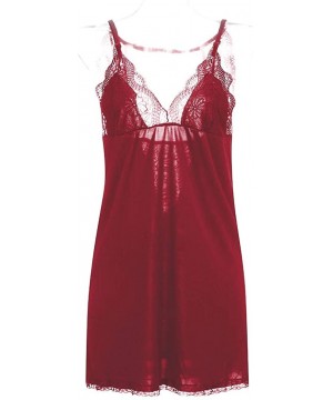 Slips Women's Sleepwear Slips Strap Nightgown V Neck Chemise Lace Lingerie Underwear - Wine Red - C118YEH725S