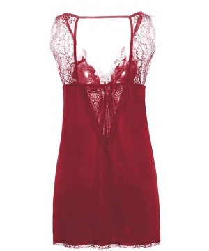 Slips Women's Sleepwear Slips Strap Nightgown V Neck Chemise Lace Lingerie Underwear - Wine Red - C118YEH725S