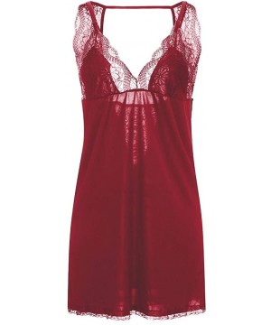 Slips Women's Sleepwear Slips Strap Nightgown V Neck Chemise Lace Lingerie Underwear - Wine Red - C118YEH725S