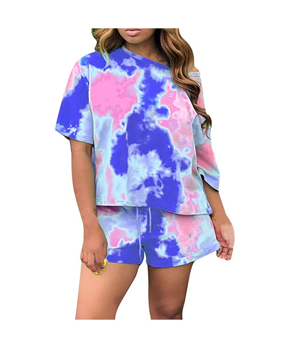 Sets Tie Dye Lounge Sets for Women Womens Tie Dye Printed Lounge Set Short Sleeve Tops and Shorts 2 Piece Pajamas Set Blue - ...