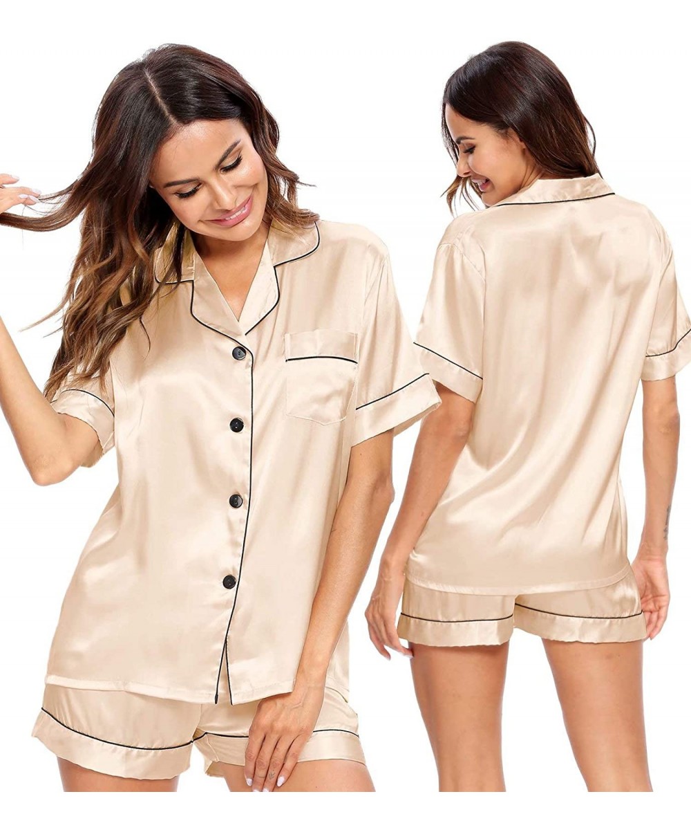 Sets Womens Silk Satin Pajamas Short Sleeve Loungewear Two-Piece Sleepwear Button-Down Pj Set - Champagne-03 - CB197IN7DAC