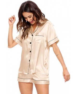 Sets Womens Silk Satin Pajamas Short Sleeve Loungewear Two-Piece Sleepwear Button-Down Pj Set - Champagne-03 - CB197IN7DAC