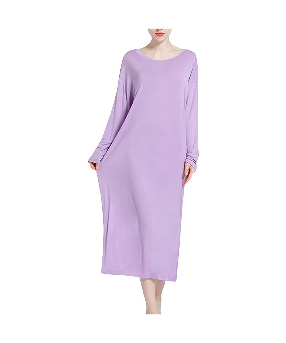 Nightgowns & Sleepshirts Nightgowns for Women Long Sleeve Sleepshirt Soft Knit Full Length Sleepwear - Purple - CQ18YA22YL0