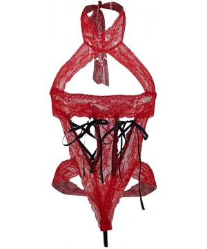 Baby Dolls & Chemises Halter Lace Lingerie Women Sexy Bow Racy Temptation Underwear Bandage Sleepwear Nightwear - Red - CR18W...