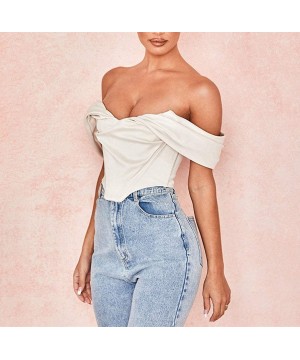 Camisoles & Tanks Women Backless Bustier V-Neck Bandeau Lady Slim Solid Tanks Crop Tops - White - CJ19CIS7ZHA