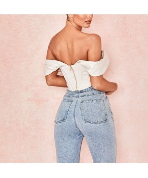 Camisoles & Tanks Women Backless Bustier V-Neck Bandeau Lady Slim Solid Tanks Crop Tops - White - CJ19CIS7ZHA