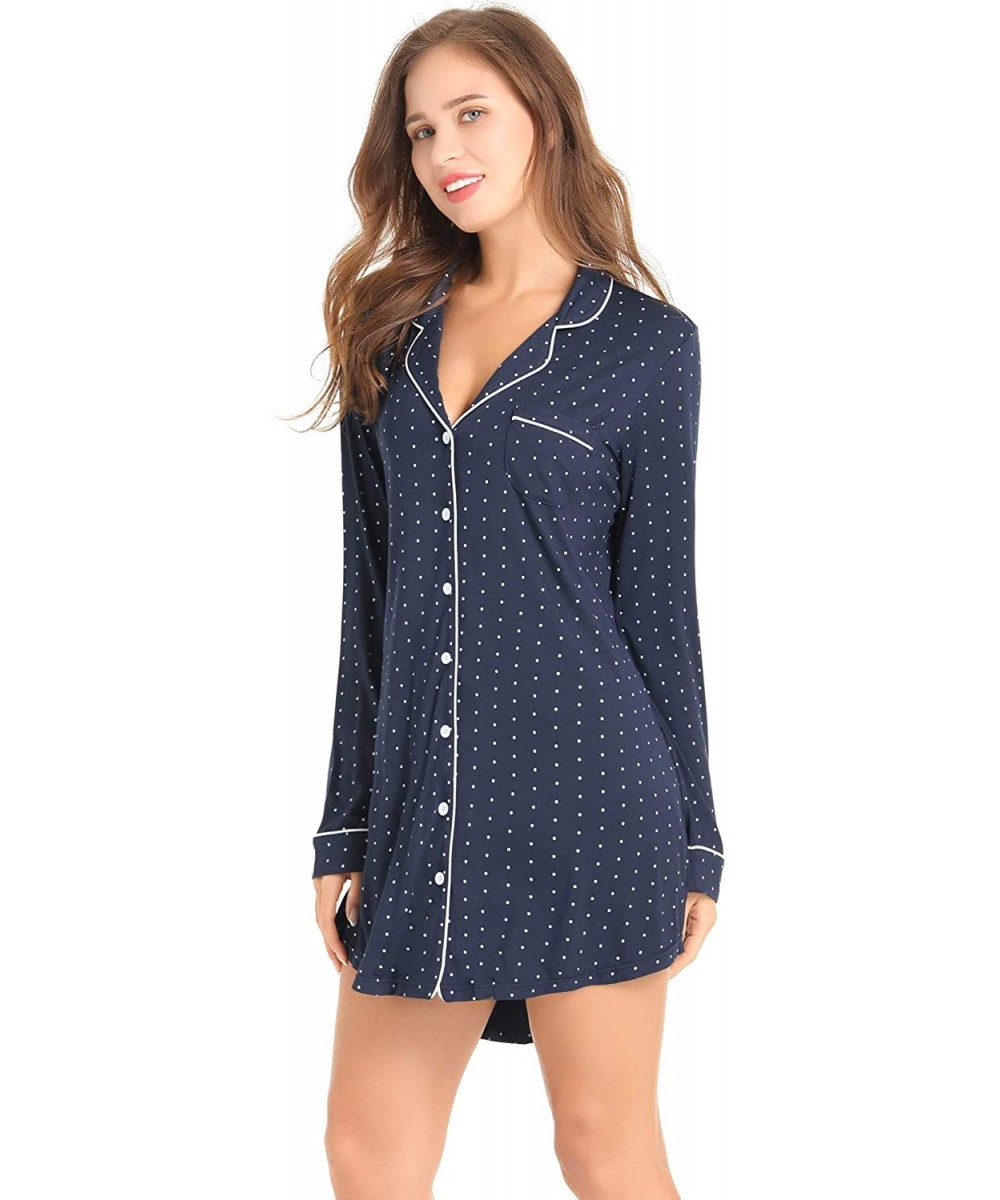 Nightgowns & Sleepshirts Womens Long Sleeve Nightgown Button Down Nightshirt Bamboo Sleep Shirt Soft Pajama Top - Navy Blue D...