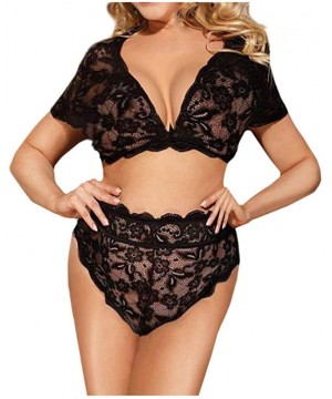 Baby Dolls & Chemises Sleepwear Set-Women's Lingerie Lace Bra and Panty Strap Mesh Babydoll Underwear Bodysuit Sets - Black -...