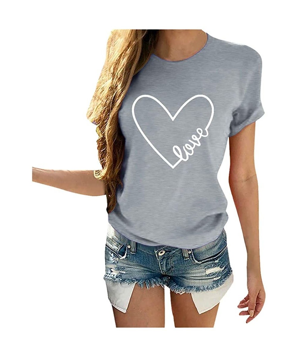 Slips Summer Tops for Women Letter Print Heart-Shaped Shirts Short Sleeve Casual Plus Size Blouse Crop Tops T-Shirt Tee - Gre...