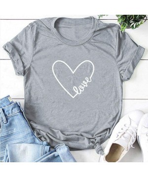 Slips Summer Tops for Women Letter Print Heart-Shaped Shirts Short Sleeve Casual Plus Size Blouse Crop Tops T-Shirt Tee - Gre...