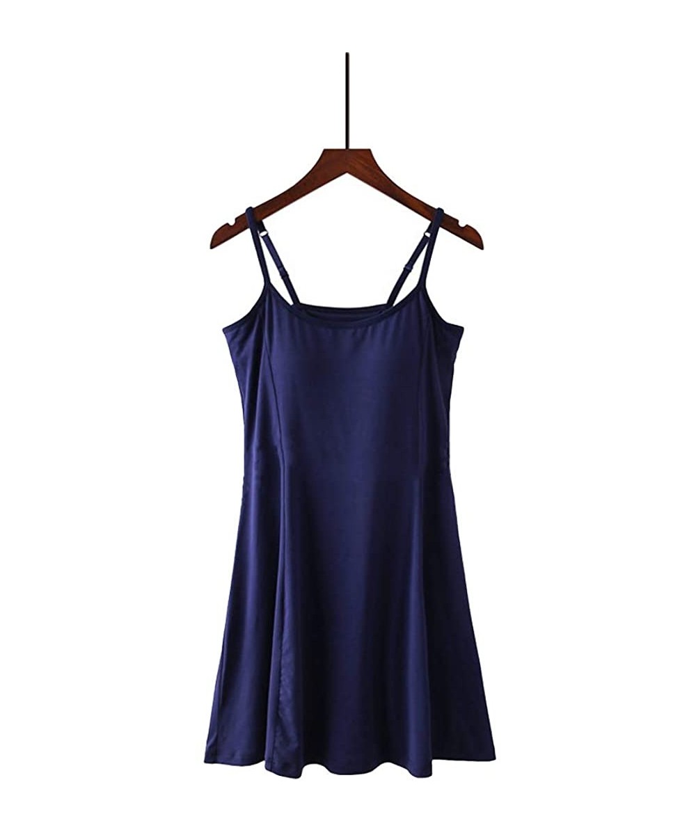 Slips Women's Modal Cotton Chemise Built-in Bra Long Lounge Cami Top A-Lined Pajama Dress - A Navy Blue - CI1942DNNXC