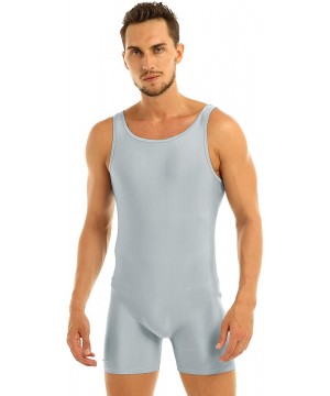 Shapewear Mens One-Piece Spandex Boxers Short Leotard Gym Training Workout Sleeveless Bodysuit - Silver Gray - CG19DLHZQXK