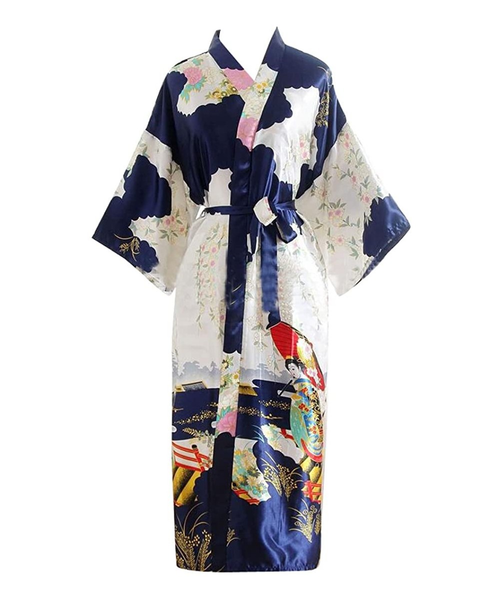 Robes Peacock Kimono Satin Bathrobe Sleepwear Nightgown Long Robe - Navy - CA18DO8YEHS