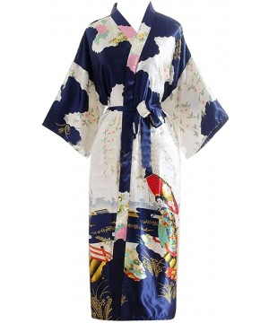 Robes Peacock Kimono Satin Bathrobe Sleepwear Nightgown Long Robe - Navy - CA18DO8YEHS