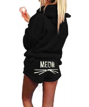 Sets Women's Hoodie Embroidered Sleepwear Fluffy Meow Shorts Pajamas Set - Black - CW18YWD2ZQT