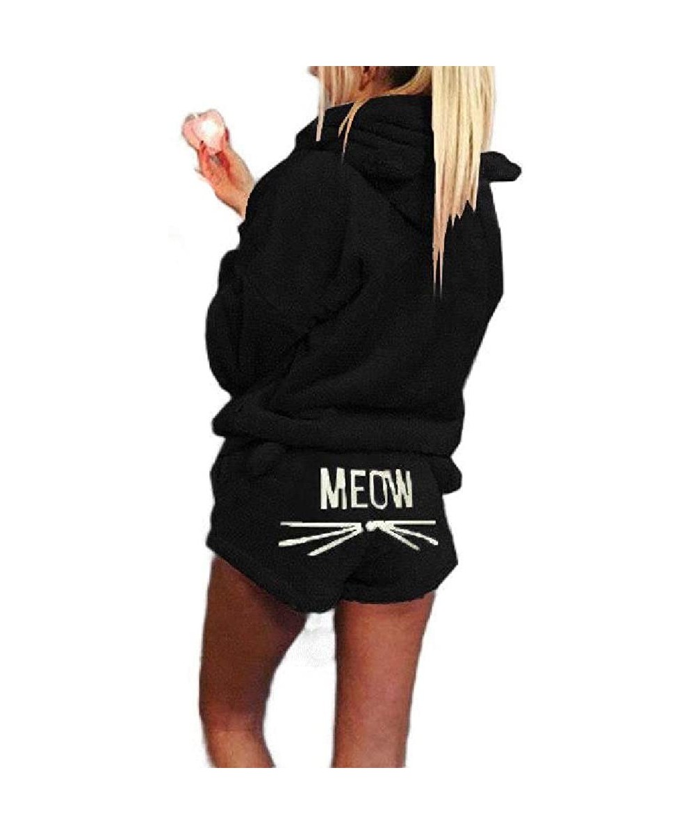 Sets Women's Hoodie Embroidered Sleepwear Fluffy Meow Shorts Pajamas Set - Black - CW18YWD2ZQT