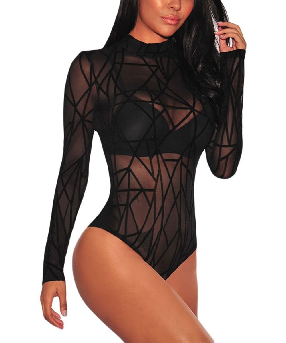 Shapewear Women V Neck Long Sleeve Lace Mesh Sheer Leotard Jumpsuit Bodysuit - Black - CQ187R3G90U