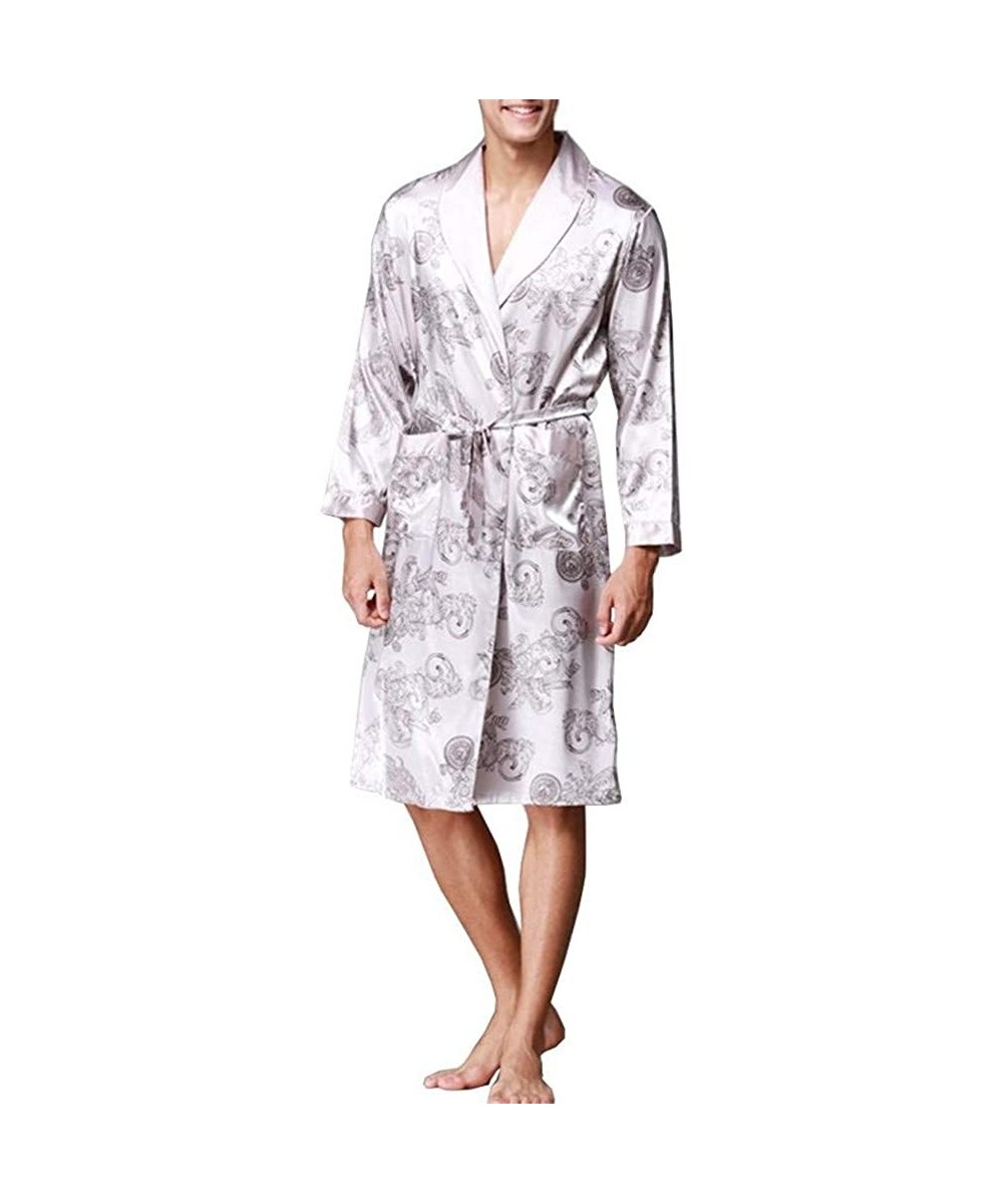 Robes Mens Luxury Print Long Sleeve Satin Kimono Robe Long Bathrobe Sleepwear - Grey - C118UZGLHH8