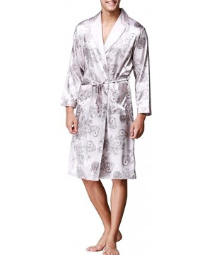 Robes Mens Luxury Print Long Sleeve Satin Kimono Robe Long Bathrobe Sleepwear - Grey - C118UZGLHH8