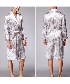 Robes Mens Luxury Print Long Sleeve Satin Kimono Robe Long Bathrobe Sleepwear - Grey - C118UZGLHH8