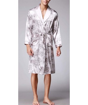 Robes Mens Luxury Print Long Sleeve Satin Kimono Robe Long Bathrobe Sleepwear - Grey - C118UZGLHH8