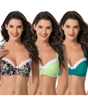 Bras Women's Plus Size Underwired Unlined Balconette Cotton Bra-3Pack - Dark Green-lemon-black Print(3 Pack) - C918LX53ZCD