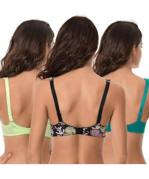 Bras Women's Plus Size Underwired Unlined Balconette Cotton Bra-3Pack - Dark Green-lemon-black Print(3 Pack) - C918LX53ZCD