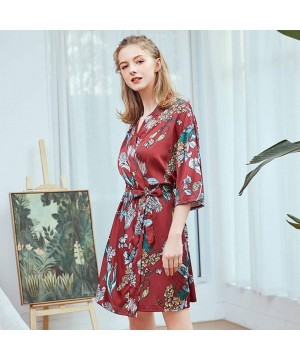 Robes Women's Floral V-Neck Bride Bridesmaids Robe Wedding Kimono Bridal Dressing Gown Sleepwear - Wine - CW199S0979T