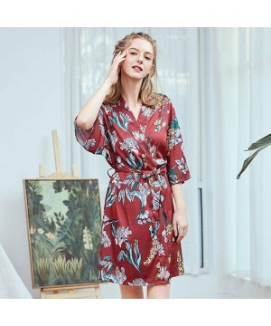 Robes Women's Floral V-Neck Bride Bridesmaids Robe Wedding Kimono Bridal Dressing Gown Sleepwear - Wine - CW199S0979T