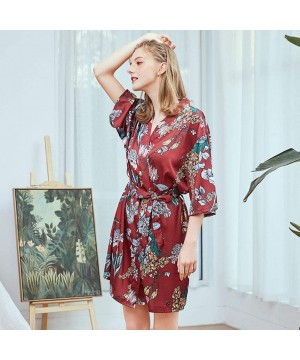 Robes Women's Floral V-Neck Bride Bridesmaids Robe Wedding Kimono Bridal Dressing Gown Sleepwear - Wine - CW199S0979T