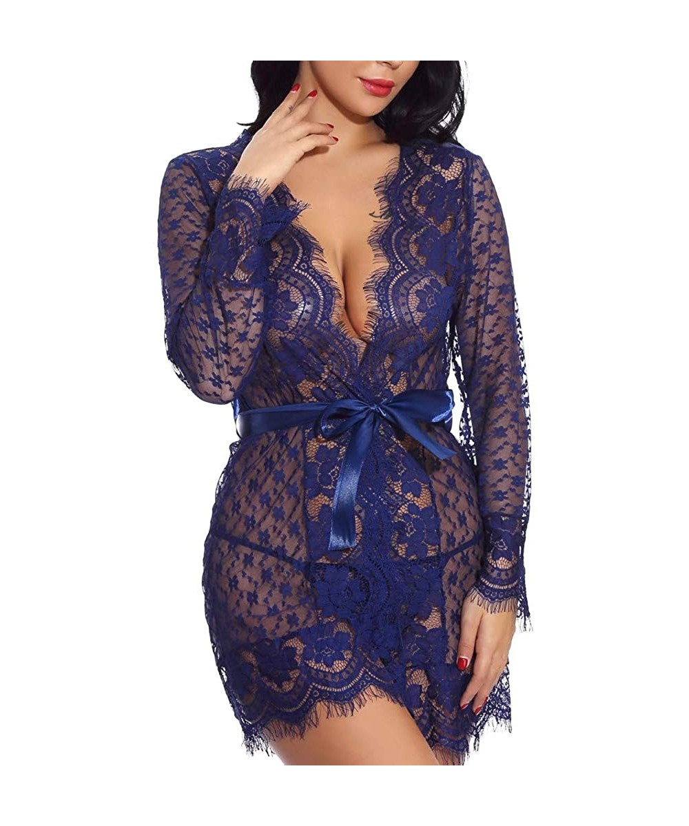 Robes Women's Sexy Lace Trim Robe Kimono Mesh Nightgown Nightwear Lingerie Sleepwear Short Robe - Navy - CY199S0MDET