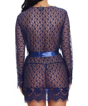 Robes Women's Sexy Lace Trim Robe Kimono Mesh Nightgown Nightwear Lingerie Sleepwear Short Robe - Navy - CY199S0MDET