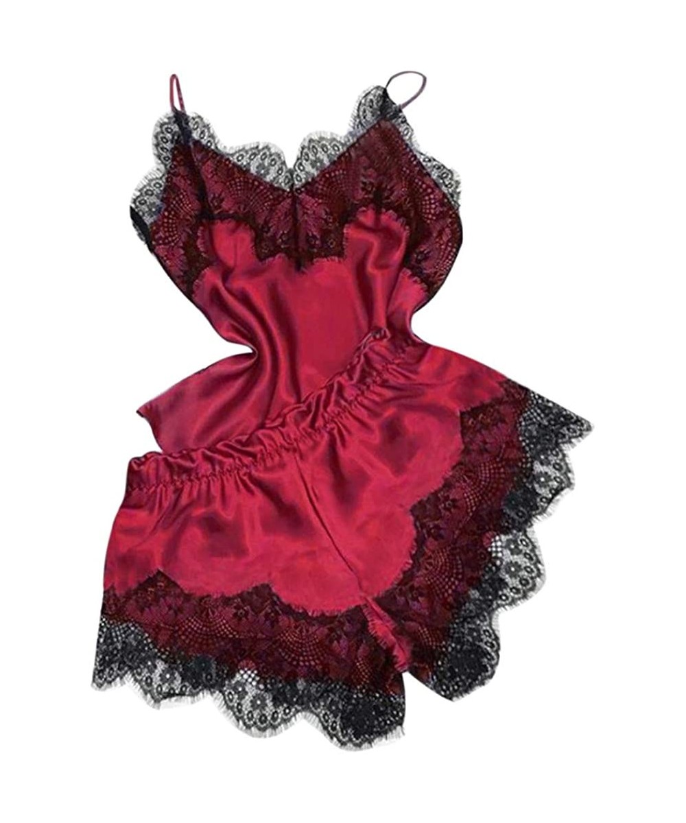 Sets Women's Lace Satin Sleepwear Cami Top and Shorts Pajama Set 2 Piece Sexy Lingerie Nightwear - B-red - C4194DAZY6T