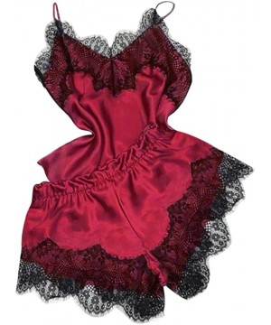 Sets Women's Lace Satin Sleepwear Cami Top and Shorts Pajama Set 2 Piece Sexy Lingerie Nightwear - B-red - C4194DAZY6T