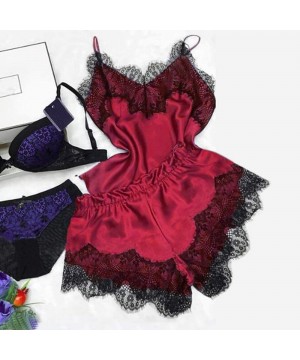 Sets Women's Lace Satin Sleepwear Cami Top and Shorts Pajama Set 2 Piece Sexy Lingerie Nightwear - B-red - C4194DAZY6T