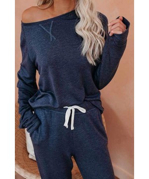 Sets Women 2 Piece Outfits Off Shoulder Long Sleeve Tracksuit Sweatsuit Set - Navy Blue - C8198W25WE3