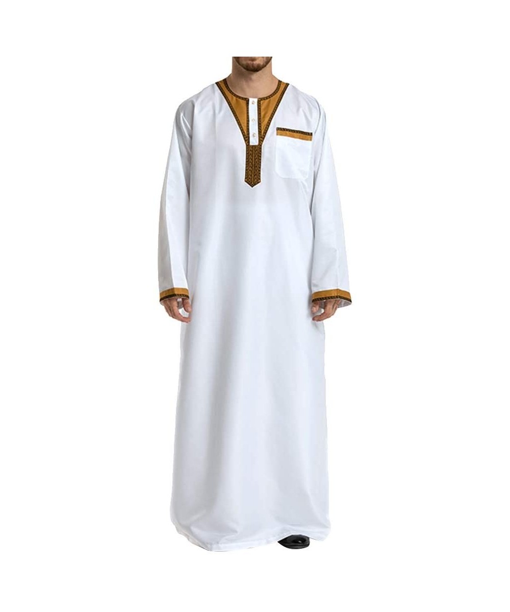 Robes Men's Islamic Thobe Round Collar Splicing Long Sleeve Arab Muslim Wear Robe Clothes Size L (White) - CW18SXMW4TA