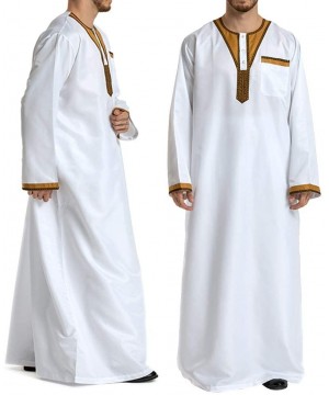 Robes Men's Islamic Thobe Round Collar Splicing Long Sleeve Arab Muslim Wear Robe Clothes Size L (White) - CW18SXMW4TA