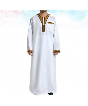 Robes Men's Islamic Thobe Round Collar Splicing Long Sleeve Arab Muslim Wear Robe Clothes Size L (White) - CW18SXMW4TA