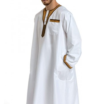 Robes Men's Islamic Thobe Round Collar Splicing Long Sleeve Arab Muslim Wear Robe Clothes Size L (White) - CW18SXMW4TA