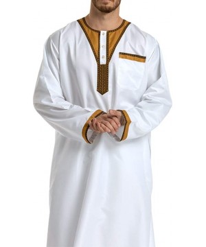 Robes Men's Islamic Thobe Round Collar Splicing Long Sleeve Arab Muslim Wear Robe Clothes Size L (White) - CW18SXMW4TA