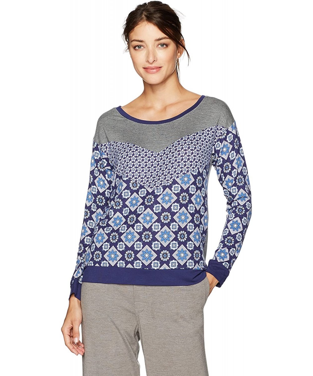 Tops Women's Long Sleeve Sleep Pullover Top - Blue Flower Tiles - CC12O7BXOU9