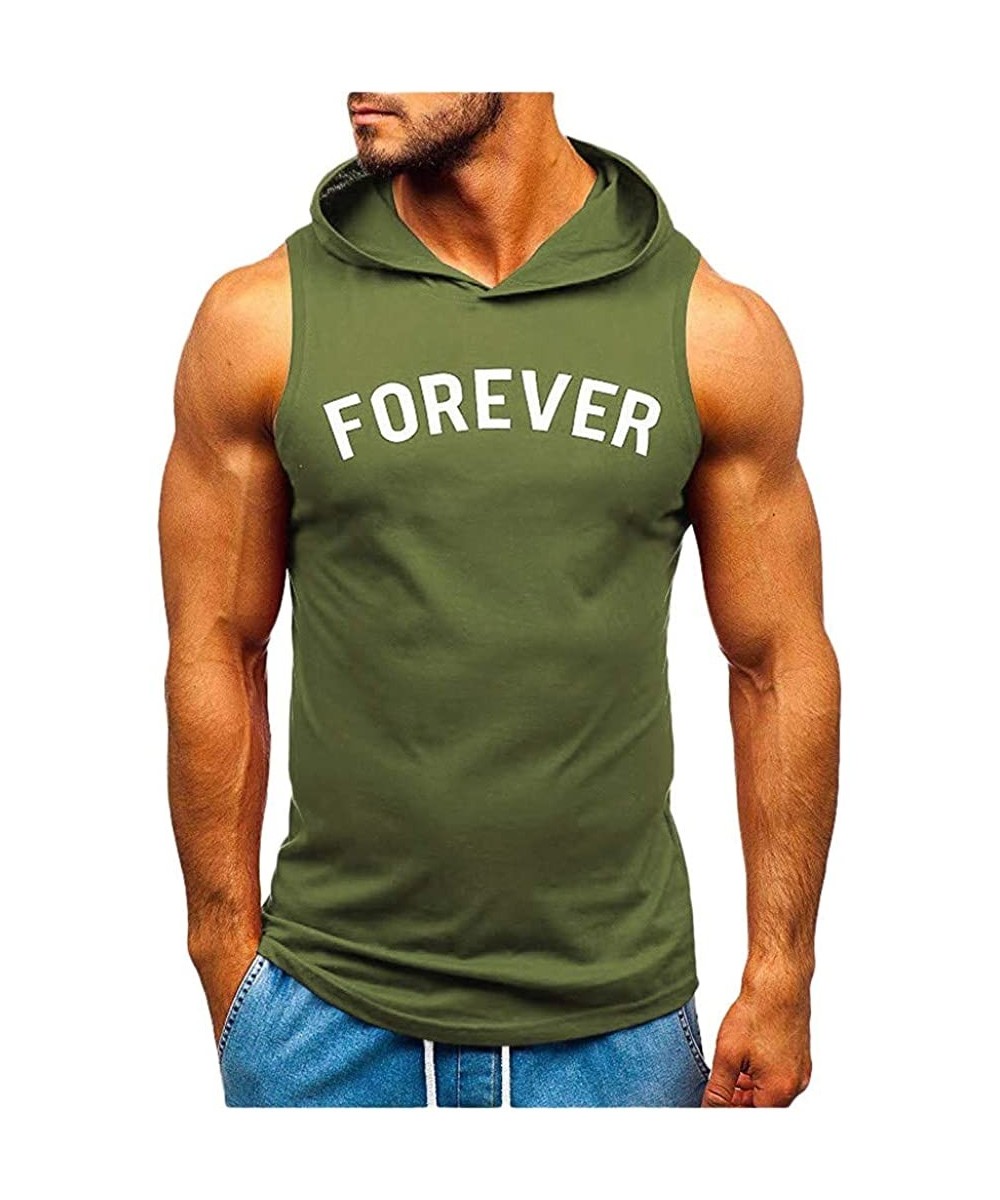 Trunks Men's Workout Hooded Tank Tops Bodybuilding Muscle Cut Off T Shirt Sleeveless Gym Hoodies - Army Green D - CG194EATE8I