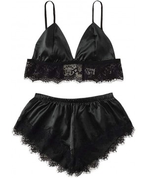 Sets Womens Lace Trim Velvet Bralette and Shorts Pajama Set Lace Satin Sleepwear Cami Top and Shorts Pajama Set G black - CE1...