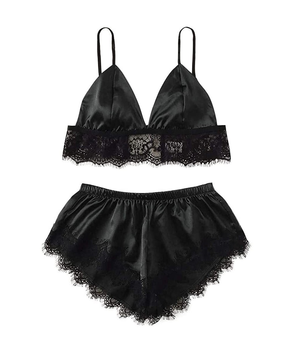 Sets Womens Lace Trim Velvet Bralette and Shorts Pajama Set Lace Satin Sleepwear Cami Top and Shorts Pajama Set G black - CE1...