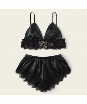 Sets Womens Lace Trim Velvet Bralette and Shorts Pajama Set Lace Satin Sleepwear Cami Top and Shorts Pajama Set G black - CE1...