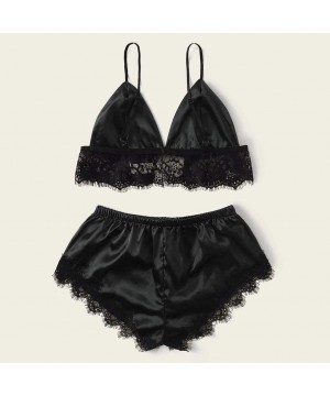 Sets Womens Lace Trim Velvet Bralette and Shorts Pajama Set Lace Satin Sleepwear Cami Top and Shorts Pajama Set G black - CE1...