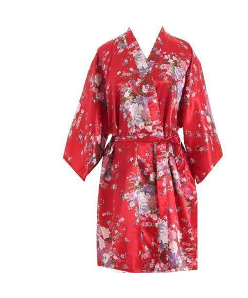 Robes Silk Satin Floral Bridesmaid Robes Gowns Bride Bath Robe Wedding Kimono Robe - Red - CR190GNAEWG